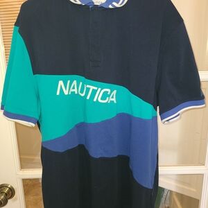 Vintage Nautica Men's Polo in Navy, Green, and Blue